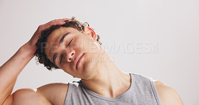Buy stock photo Exercise, neck and stretching with man on studio space for start of training or workout routine. Fitness, limber and warm up with athlete on white background mockup for challenge or performance