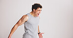Man, fitness and shouting with muscle in studio for bodybuilding on a white background. Active, male person or bodybuilder screaming with energy for masculine power or determination on mockup space