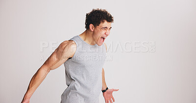 Buy stock photo Man, fitness and shouting with muscle in studio for bodybuilding on a white background. Active, male person or bodybuilder screaming with energy for masculine power or determination on mockup space
