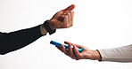People, hands and watch with pos machine in studio for wireless transaction on a white background. Closeup, customer and payment with wristwatch or NFC for tap to pay, cashless or easy banking app