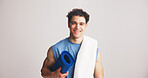 Happy man, portrait or fitness with yoga mat in studio for health or wellness on a white background. Active, male person or model with smile, towel or ready for physical exercise on mockup space