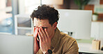 Frustrated, man or burnout in office with computer for digital marketing mistake, campaign fail or issue. Upset, person or tech in workplace with creative block, project error or advertising problem.