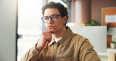 Buy stock photo Computer, thinking or journalist in digital agency for planning, article ideas or change story perspective. Reflection, new writing angle or man with creative process for draft review, pc or reading