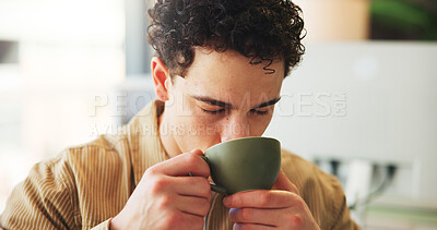 Buy stock photo Business, drinking coffee and man in office, relax and thinking with caffeine, break and copywriting. Person, employee and journalist in workplace, herbal tea and rest with espresso for energy