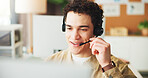 Headset, happy and businessman in office with communication, crm or contact us with customer service. Smile, sales and male telemarketing consultant with online support for call in workplace.