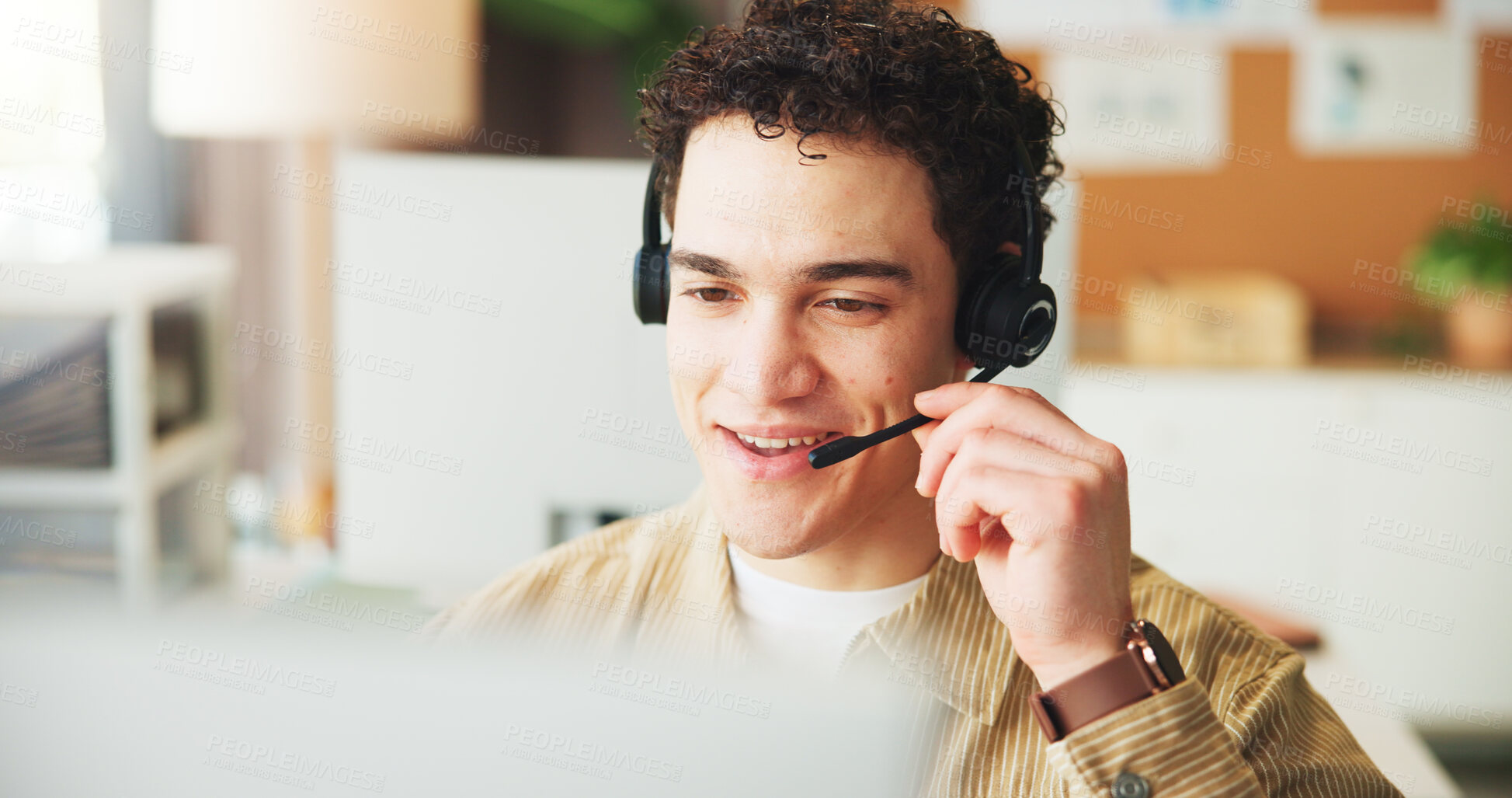 Buy stock photo Headset, happy and businessman in office with communication, crm or contact us with customer service. Mic, sales and telemarketing consultant with online support for call on computer in workplace.