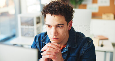 Buy stock photo Computer, design and thinking with business man in office for creative process or productivity. PC, planning and problem solving with designer at desk in workplace for ideas, solution or vision