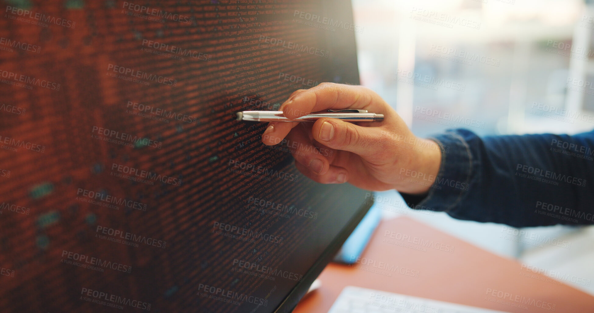 Buy stock photo Review, code and hand in office with computer screen, software error or data check in debug process. Programming, person and system analyst in agency with pen, script and log test for best practice.