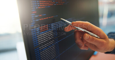 Buy stock photo Analyze, code or hand in office with computer screen, software error or data check in debug process. Programming, man or system analyst in agency with pen, performance or log review for best practice