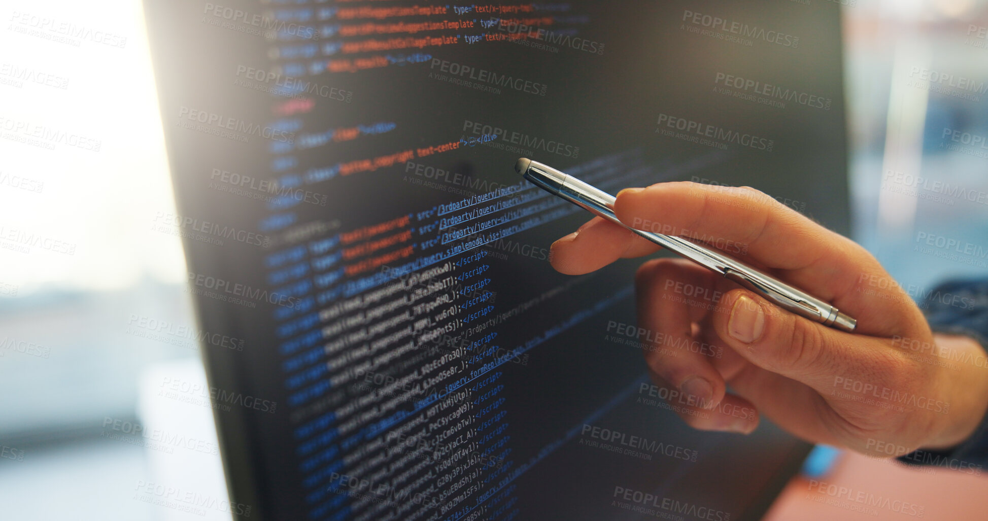 Buy stock photo Analyze, code or hand in office with computer screen, software error or data check in debug process. Programming, man or system analyst in agency with pen, performance or log review for best practice