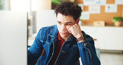 Buy stock photo Tired, man or burnout in office with computer for digital marketing mistake, campaign fail or issue. Exhausted, person or tech in workplace with creative block, project error and advertising problem.