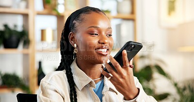 Buy stock photo Phone call, smile or black woman in office on speaker, client chat or negotiation on sustainable material. Happy, networking or eco consultant in agency with tech, outreach or discussion on ESG goal.
