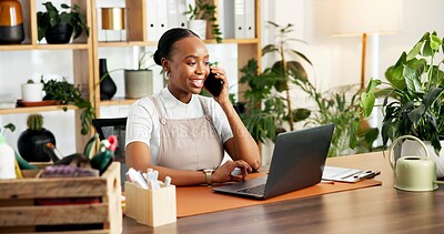 Buy stock photo Phone call, smile or black woman in office with laptop, client chat or research on sustainable material. Happy, review or eco consultant in agency with tech, feedback or negotiation on green product.