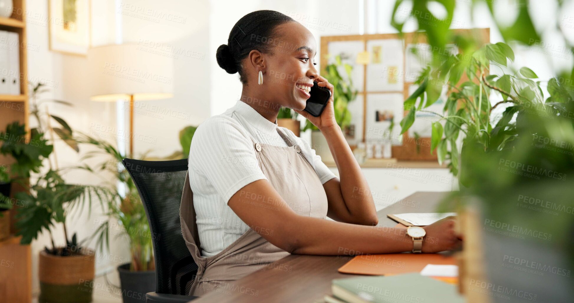 Buy stock photo Phone call, smile or black woman in office with conversation, chat or negotiation on sustainable material. Happy, networking or eco consultant in agency with tech, outreach or discussion on ESG goal.