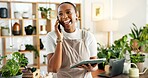 Phone call, tablet and thinking with black woman florist in office for online order confirmation. App, communication and conversation with happy African person in plant nursery for retail sales