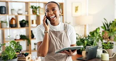 Buy stock photo Phone call, tablet and thinking with black woman florist in office for online order confirmation. App, communication and conversation with happy African person in plant nursery for website sales