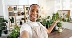 Selfie, florist and plants with business black woman in office for social media, gardening entrepreneur and smile. Eco friendly startup, sustainability launch and profile picture with person