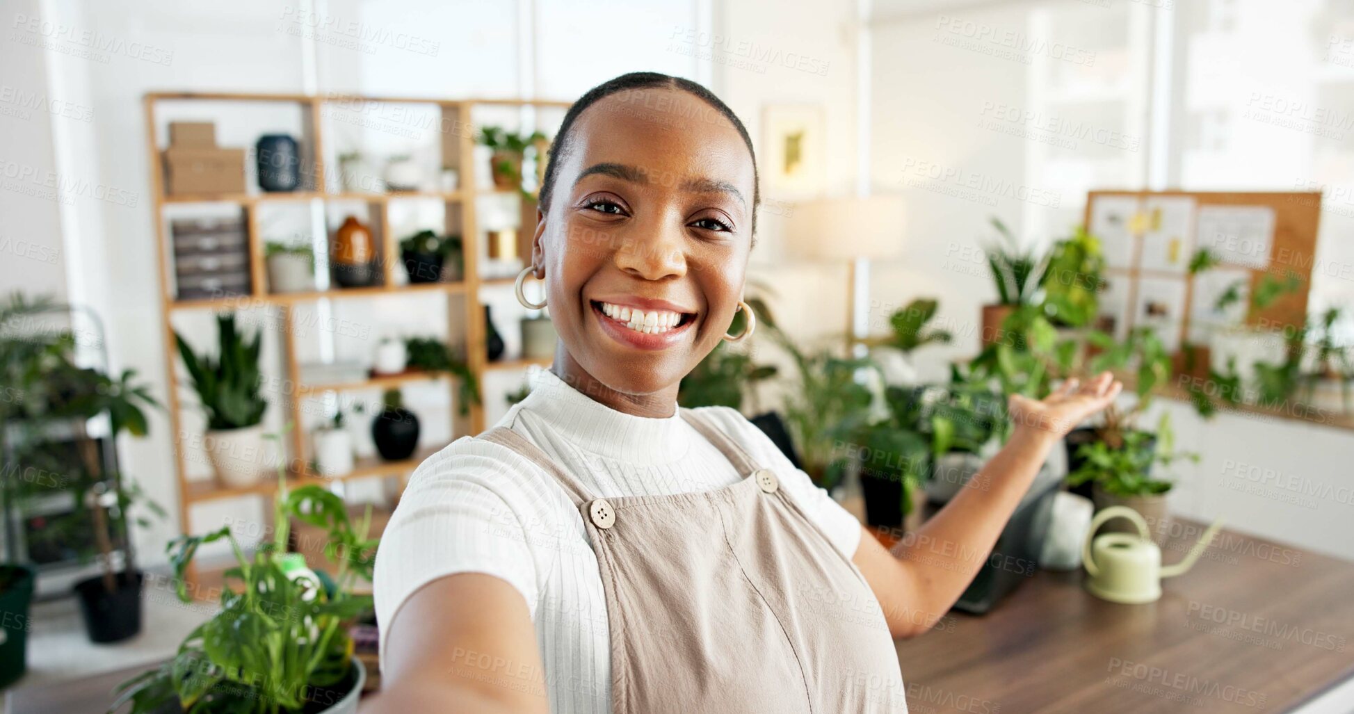Buy stock photo Selfie, florist and plants with business black woman in office for social media, gardening entrepreneur and portrait. Eco friendly startup, sustainability launch and profile picture pov with person