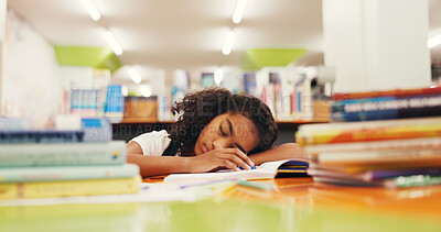 Buy stock photo Tired, child and sleep in library with education burnout, homework fatigue and information overload. Exhausted, student and girl nap with learning challenge, school assignment and academic project.