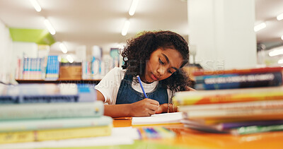Buy stock photo Writing, homework and girl in library, kid and education with knowledge, learning and growth. Student, notebook and child development with assessment, creativity and inspiration for project and ideas