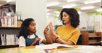 Woman, teacher and counting hands with student in library for learning, mathematics or education. Female person, child or tutor helping kid with numbers or fingers for maths, addition or subtraction