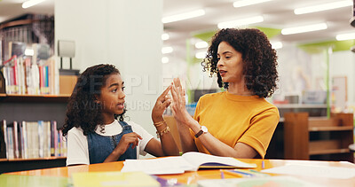 Buy stock photo Woman, teacher or counting hands with student in library for learning mathematics or education. Female person, child or tutor helping kid with numbers or fingers for numeracy, addition or subtraction