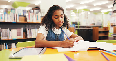 Buy stock photo Writing, homework and girl in library, student and education with knowledge, learning and growth. Kid, notebook and child development with assessment, creativity and inspiration with ideas and test