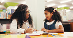 Tutor, child and lesson with books in library with reading evaluation, literature and problem solving. Teacher, student and education with help for assessment, learning support or study assistance