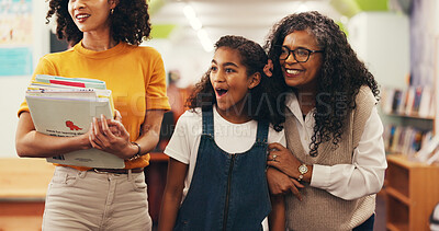 Buy stock photo Excited, grandma and parent in library with child for bonding together, book choice and development. Happy people, mother and daughter in bookshop for literature, storytelling and knowledge support.