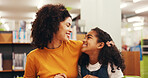 Mom, girl and hug for learning at library with smile, support and care with guide for scholarship. People, mother and daughter with embrace, development or excited for education with school project