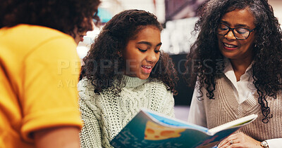 Buy stock photo Grandma, mother or child reading in library with book for bonding together, growth or development. Parent, daughter or generations in bookshop with storytelling for literature, support or connection.