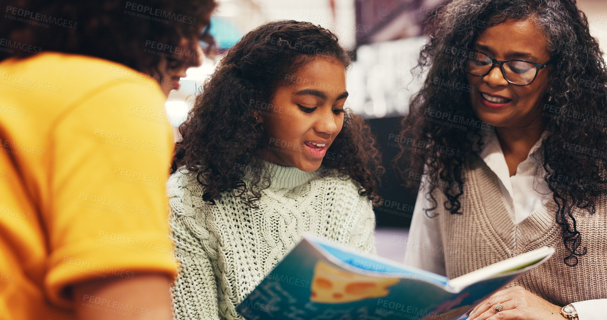 Buy stock photo Grandma, mother or child reading in library with book for bonding together, growth or development. Parent, daughter or generations in bookshop with storytelling for literature, support or connection.