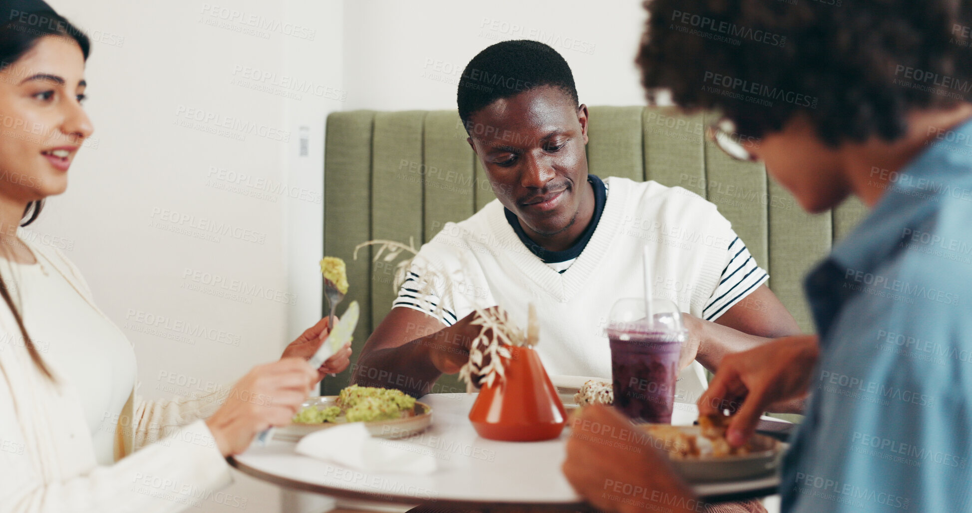 Buy stock photo Friends, lunch date and eating in restaurant for social gathering, weekend break and hangout. Happy group, healthy food and people with brunch at cafe for conversation, reunion bonding and support