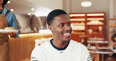 Buy stock photo Man, happy and thinking at restaurant, relax and waiting for order with reflection at diner. Person, perspective and smile for customer experience, memory or excited with fast food meal at cafe