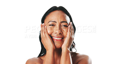 Buy stock photo Portrait, skincare or woman in studio, smile and dermatology on white background. Mockup space, shine or mature person with healthy skin, anti aging and wellness with cosmetics, beauty or facial glow