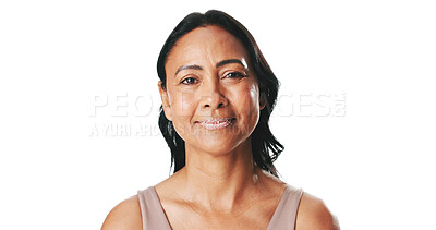 Buy stock photo Portrait, lip scrub and senior woman in studio for skincare, exfoliation and hydration for grooming. Mockup space, white background and person with cosmetics for beauty, moisturizer and circulation