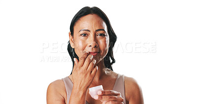 Buy stock photo Beauty, container and woman with lip balm in studio for hydration, UV protection and portrait. Mockup space, mature person and apply product for moisturizer, benefits or self care on white background