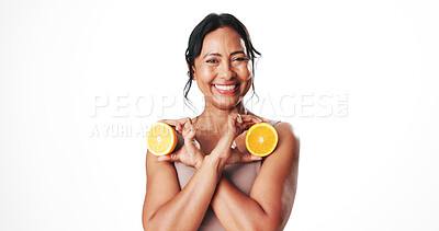Buy stock photo Portrait, skincare and woman with orange, happy and facial treatment with vitamin c and mockup space. White background, natural cosmetics and mature person with fruit, anti aging benefits and studio