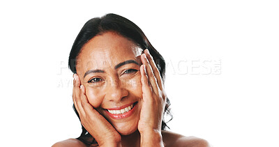 Buy stock photo Portrait, cosmetics and woman in studio, smile and dermatology on white background. Space, shine and mature person with healthy skin, aesthetic and wellness with skincare, beauty and facial glow