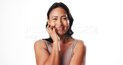 Buy stock photo Portrait, self care and woman in studio, skincare or confident with wellness, happy and mockup space. White background, glow and mature person with healthy skin, cosmetics and dermatology in Mexico