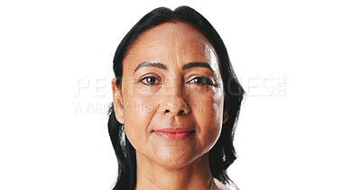 Buy stock photo Beauty, mature woman and skincare in studio with healthy glow, wrinkles treatment and hydration. Mockup space, person and portrait on white background with skin regeneration, anti aging and wellness