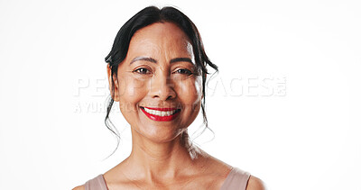 Buy stock photo Mature, happy woman and portrait with makeup in studio for beauty cosmetics on a white background. Female person, model or smile with lipstick, glow or shine for skin or cosmetology on mockup space
