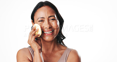 Buy stock photo Portrait, skincare and woman with cotton pad, studio and laugh with makeup remover and mockup space. White background, beauty or mature person with sponge for self care, cleanse or grooming in Mexico