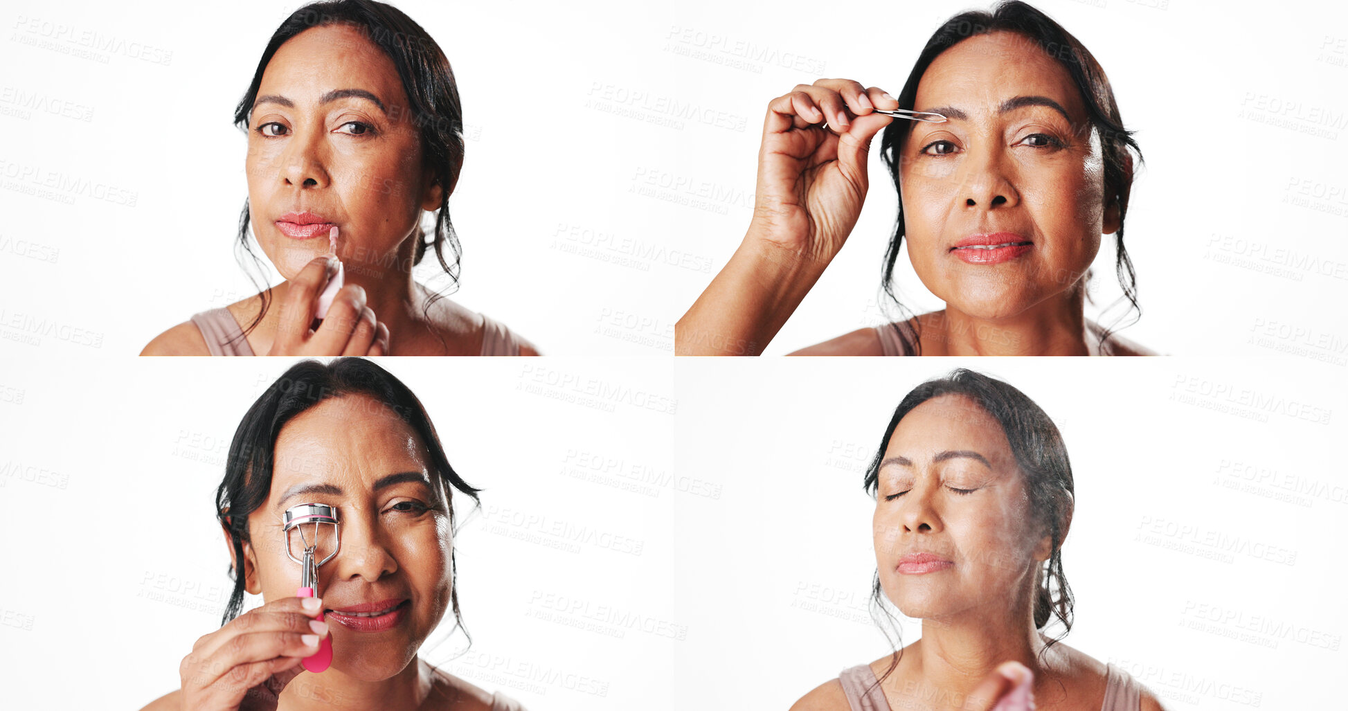 Buy stock photo Mature woman, collage and beauty in studio with skincare, product and tools on white background. Person, eye lashes and lipstick with makeup, cosmetics or portrait with spray application in Colombia