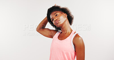 Buy stock photo Stretching, neck and black woman in studio for exercise, workout and training for mobility. Mockup space, athlete and African person with warm up for wellness, health and fitness on white background