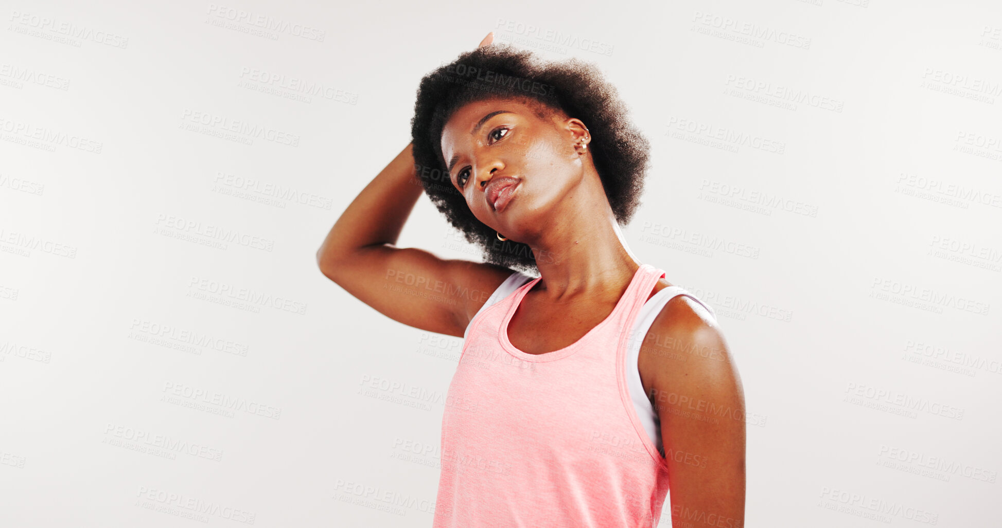 Buy stock photo Stretching, neck and black woman in studio for exercise, workout and training for mobility. Mockup space, athlete and African person with warm up for wellness, health and fitness on white background