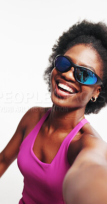 Buy stock photo Athlete, fashion and woman with sunglasses, selfie or confident with cyberpunk aesthetic and fitness. White background, happy and black person with shield eyewear, profile picture and athleisure