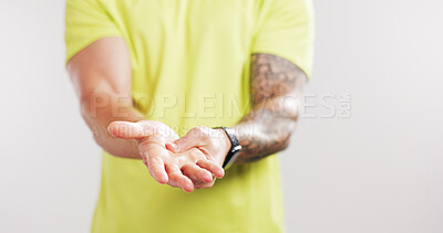 Buy stock photo Hands, fitness and wrist pain with injury in studio, inflammation or mockup space on white background. Person, joint ache and massage for muscle fatigue, arthritis or carpal tunnel with training