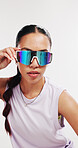 Sunglasses, fitness and portrait of athlete or woman in studio for uv protection, workout gear and health. Training, anti glare lens and wraparound glasses with person on white background for eyewear