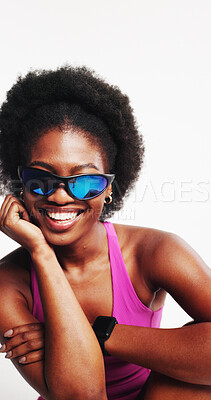 Buy stock photo Athlete, fashion and woman with sunglasses, fitness or laugh with cyberpunk aesthetic and confident. White background, studio and black person with shield eyewear, happy and futuristic Y2K athleisure